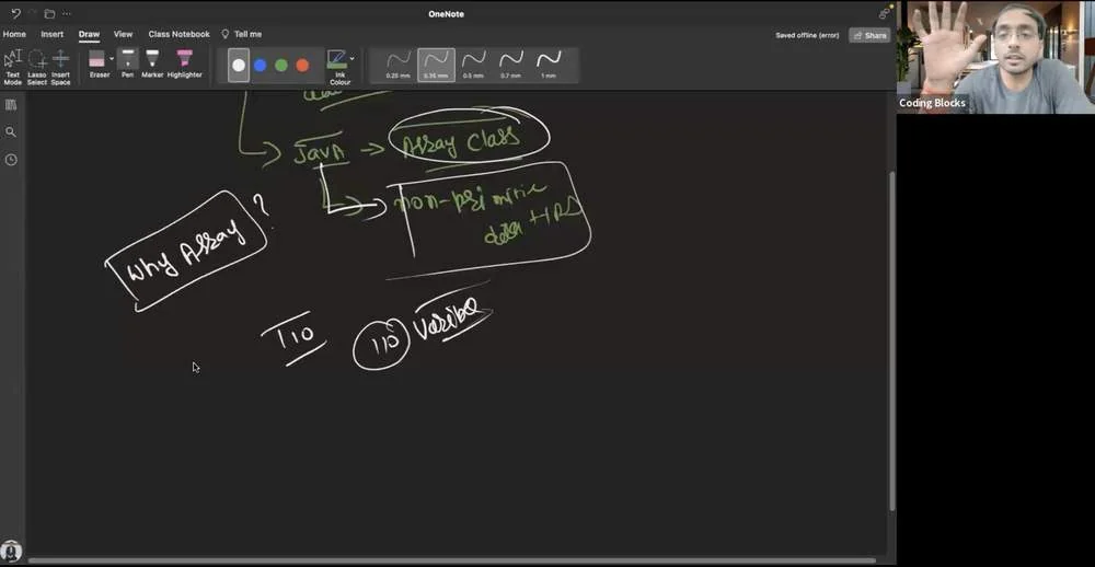 Coding Blocks live online lesson with an instructor explaining Java arrays
